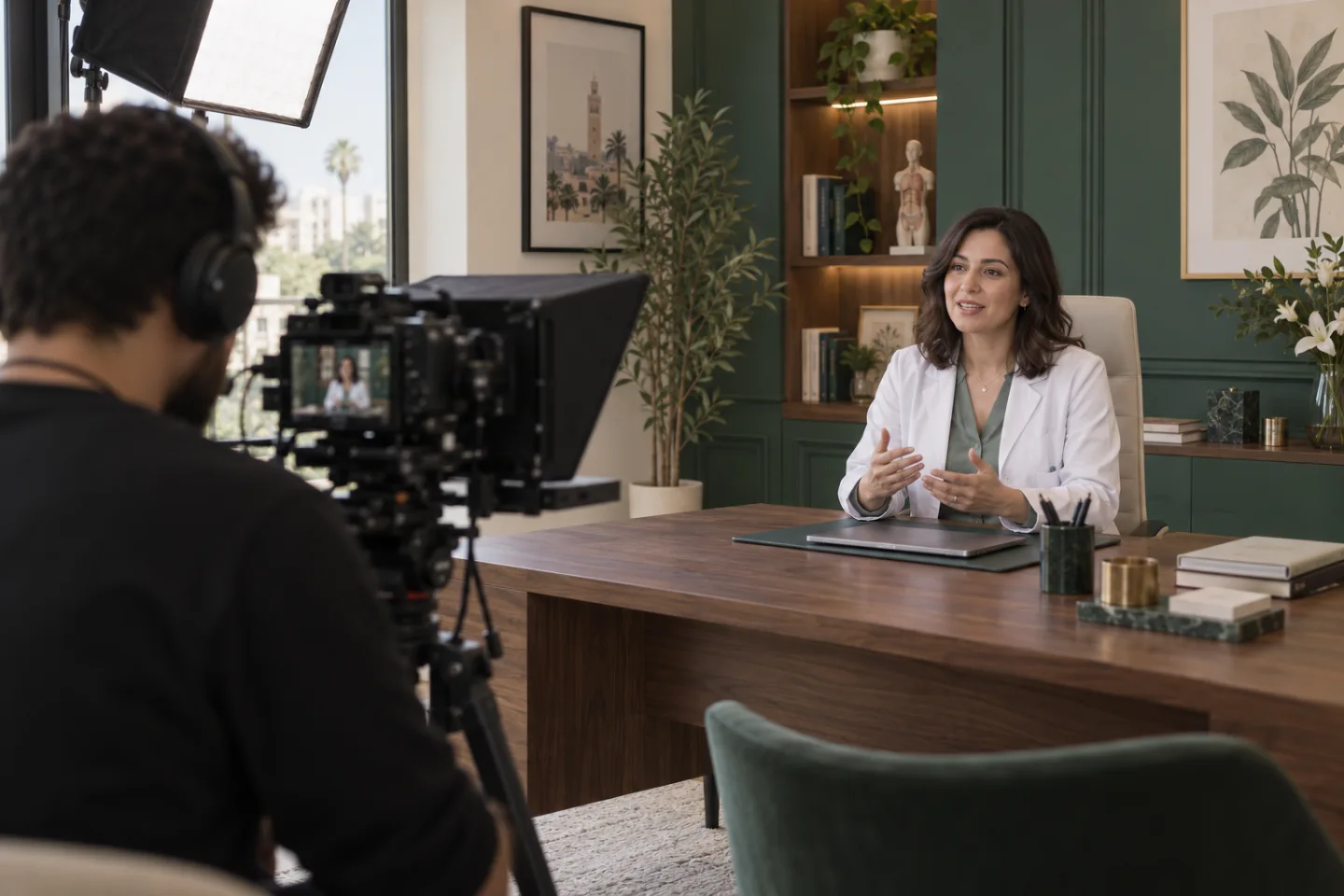 Illustration d’une équipe de tournage dans le cabinet d’une médecin.
