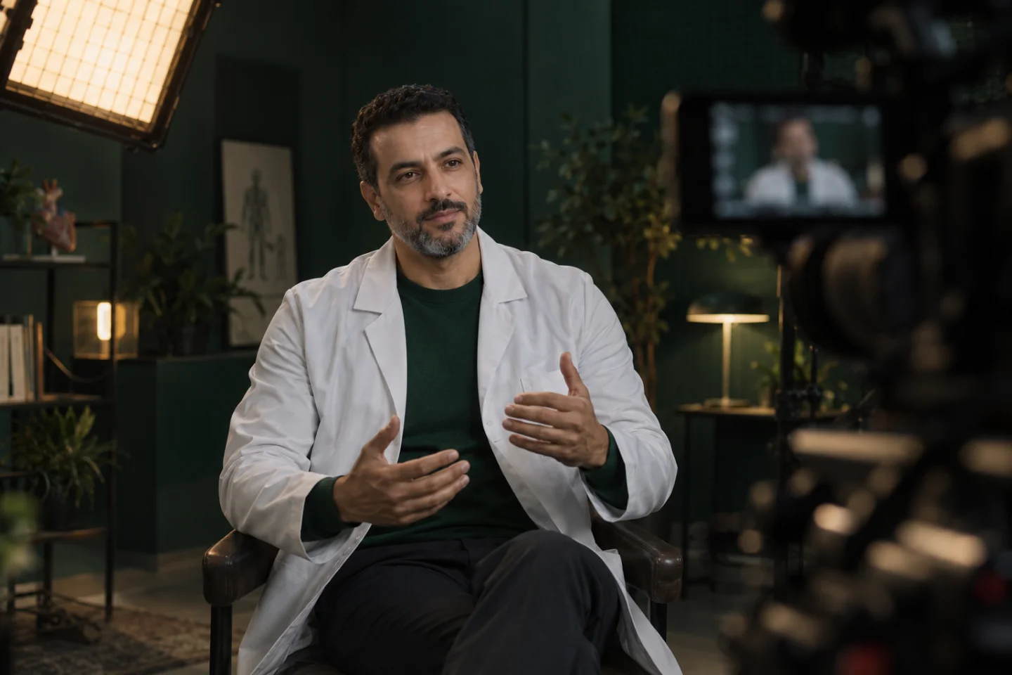 Illustration d’un médecin enregistrant une vidéo pédagogique dans un studio.